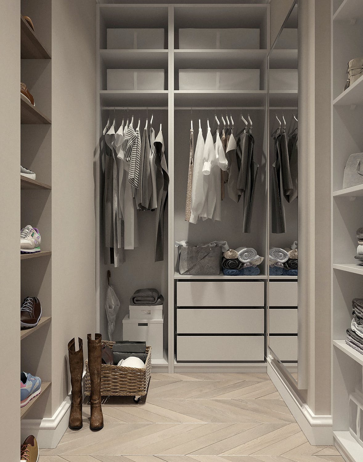 A walk in closet with clothes in it