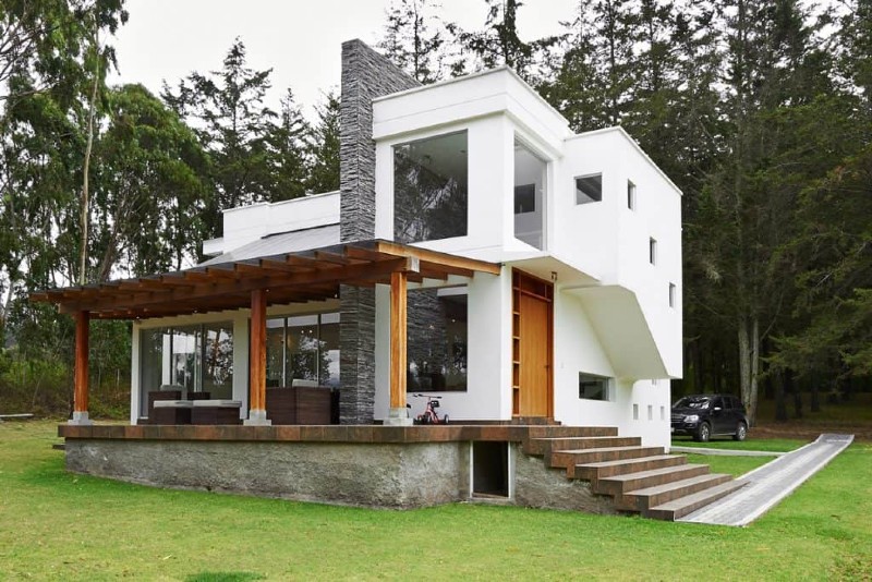 white with natural brown wood house