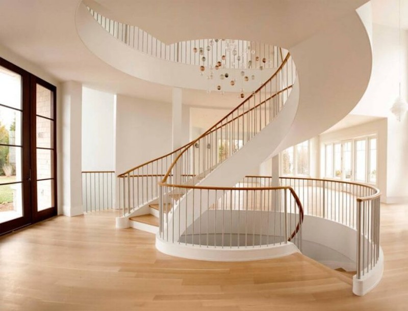 wooden white spiral stairs