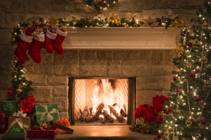 christmas mantel and a fireplace