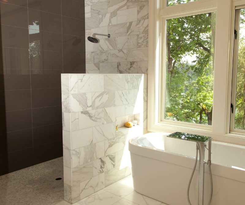 half wall marble shower