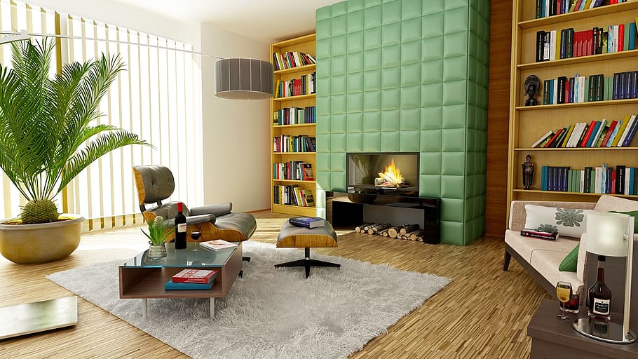 modern living room with bookshelves