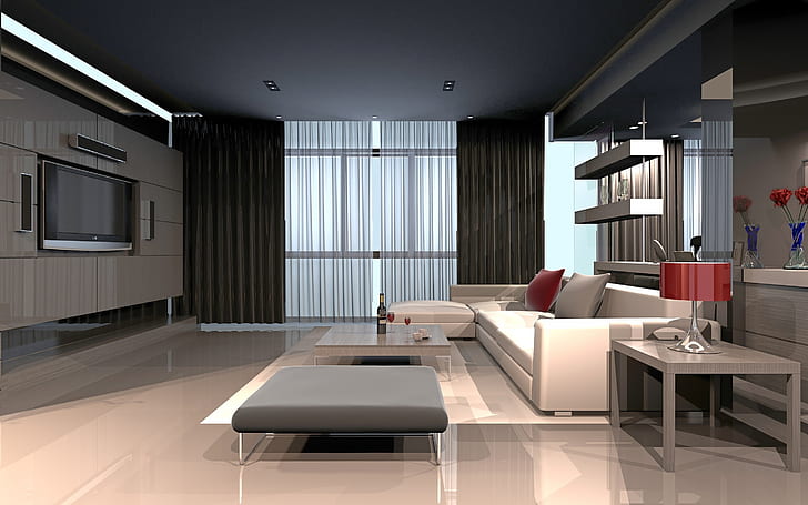 modern living room with gray and white sheer curtain